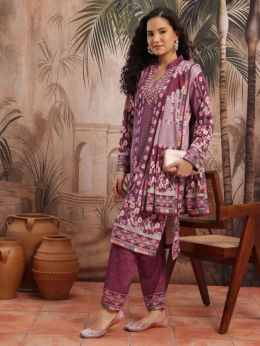 women printed long sleeve kurta pant with dupatta set