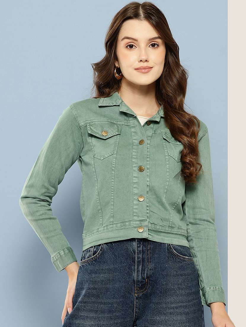 women solid long sleeve denim jacket