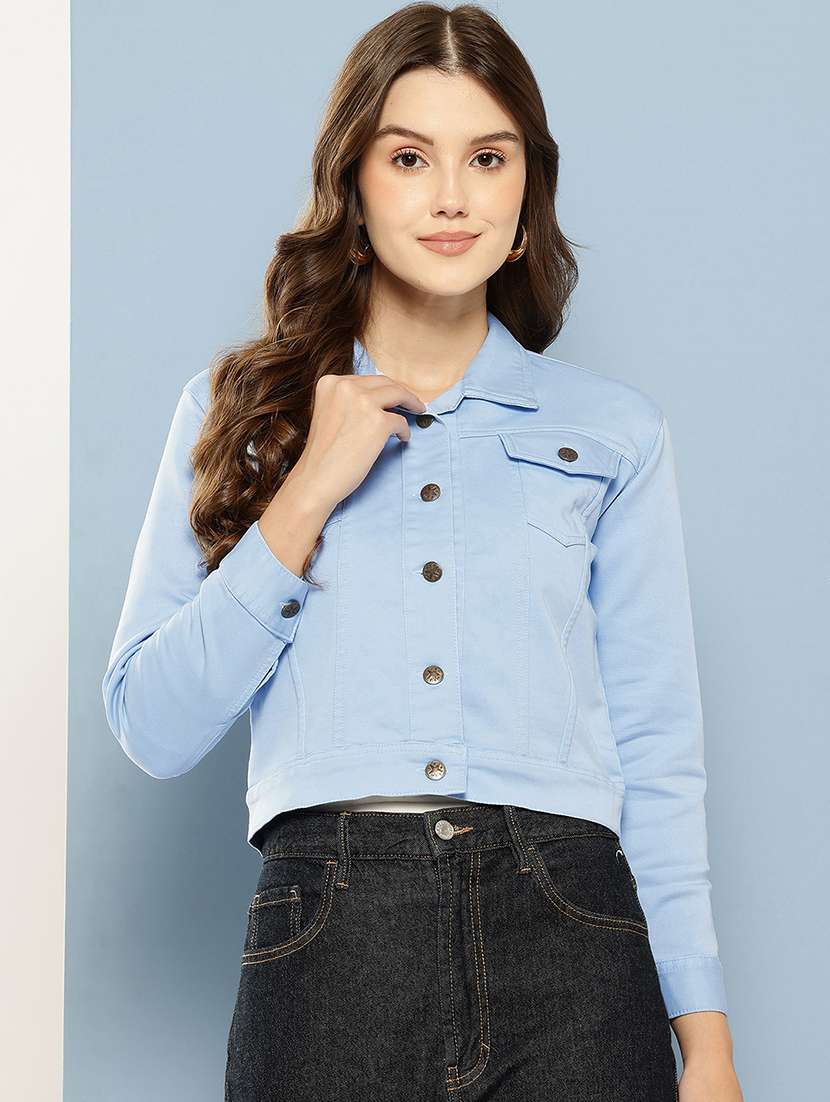 women solid long sleeve denim jacket