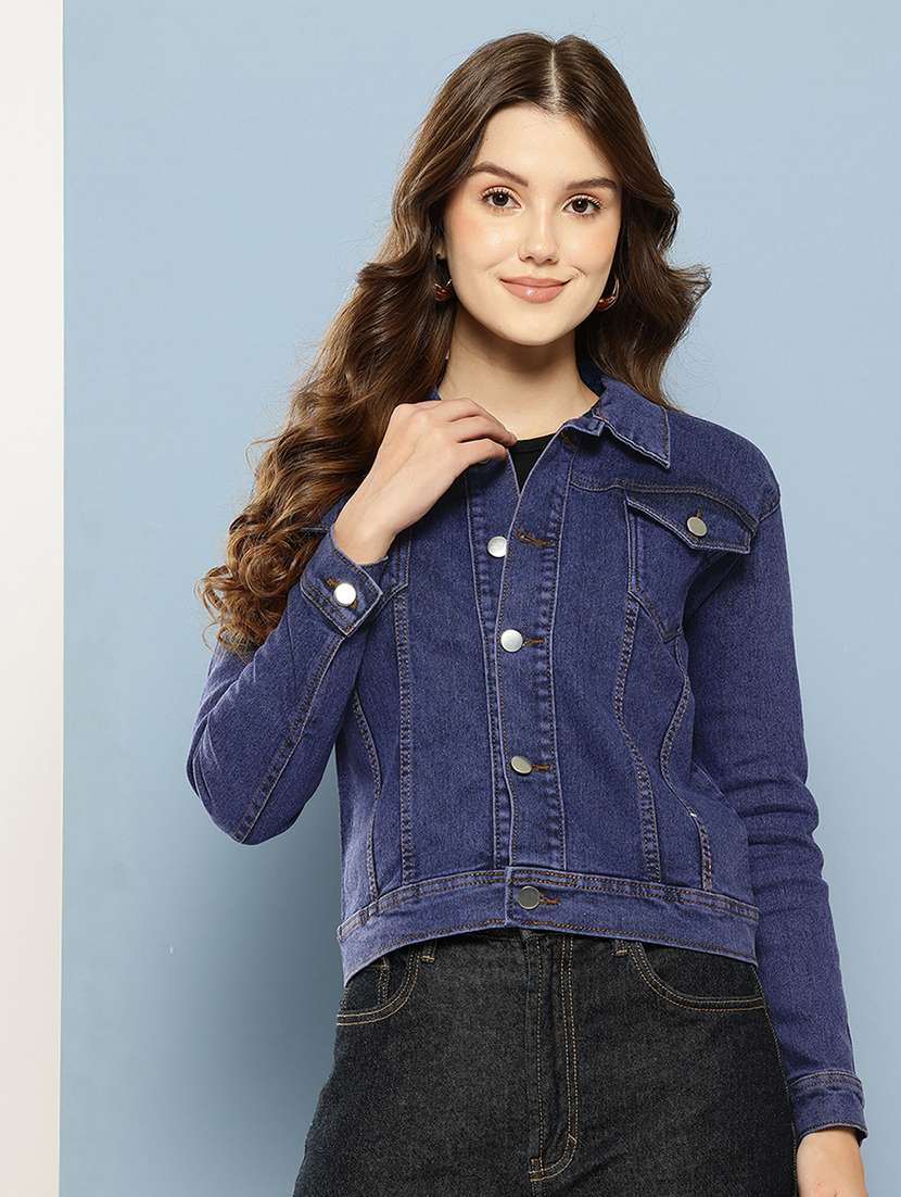 women solid long sleeve denim jacket