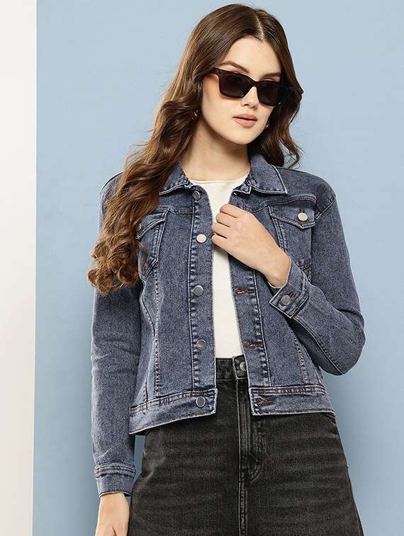 women solid long sleeve denim jacket