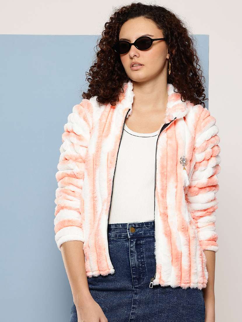 women printed long sleeve fur jacket