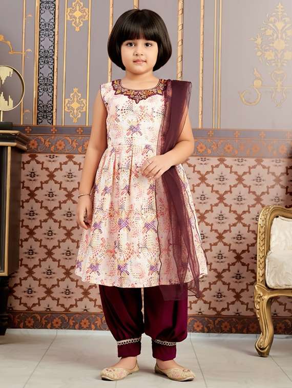 girls embroidered kurta and salwar set with dupatta