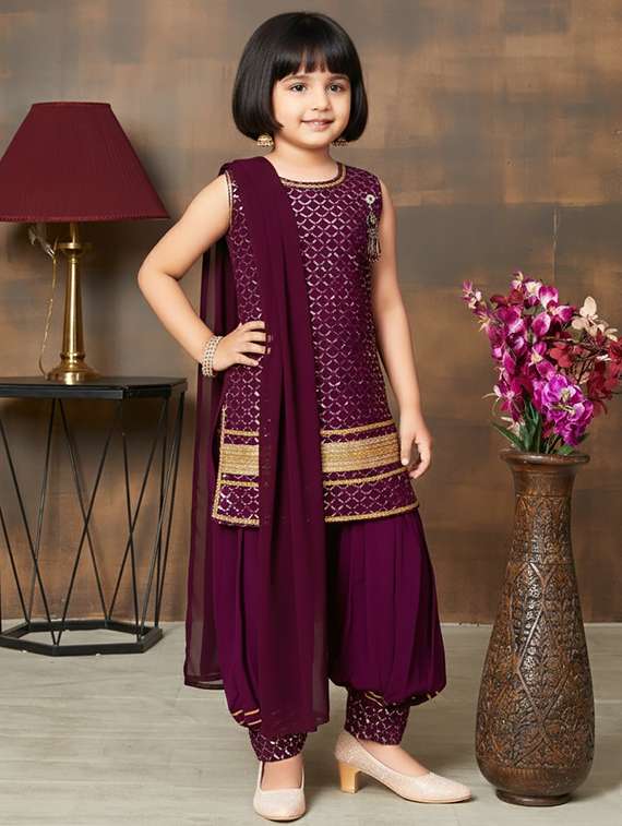 girls embroidered kurta and salwar set with dupatta