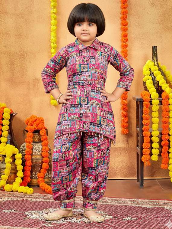 girls printed collared kurta and salwar set 