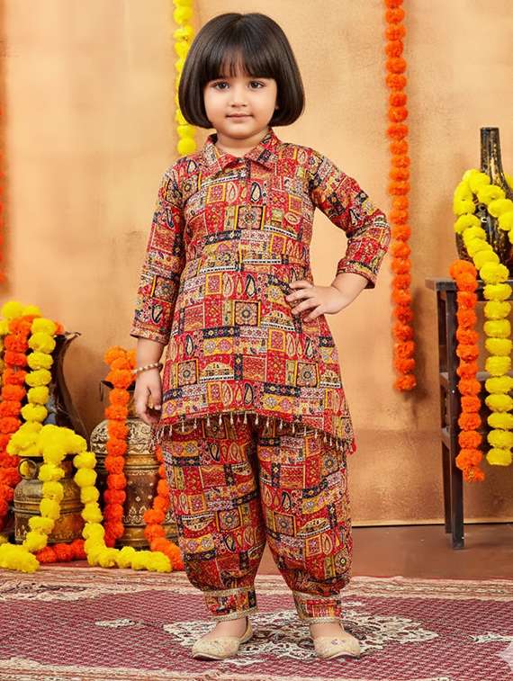 girls printed collared kurta and salwar set 
