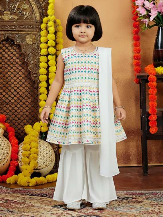 girls printed kurta and sharara set with dupatta