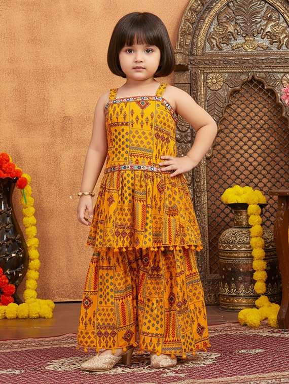 girls printed kurta and sharara set 