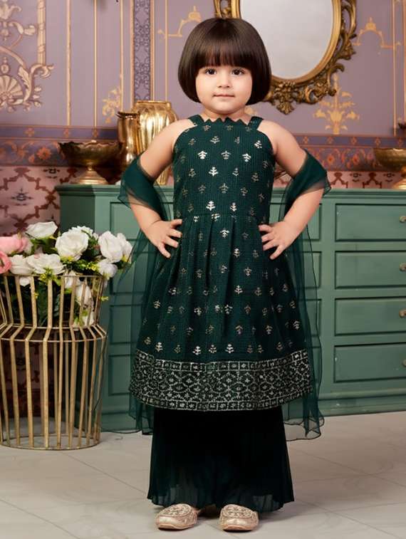 girls embellished kurta and sharara set with dupatta
