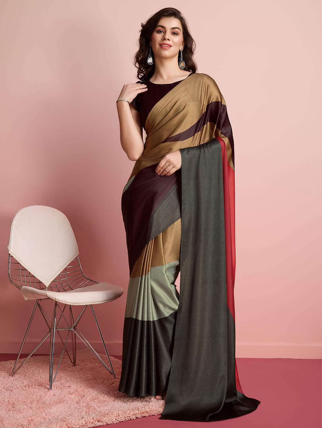 women color block casual wear saree with blouse