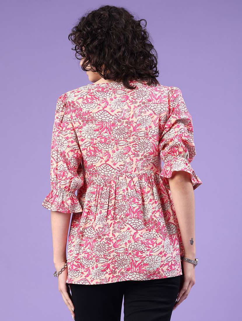 women floral puff sleeve flared tunic - 22266153 -  Standard Image - 3