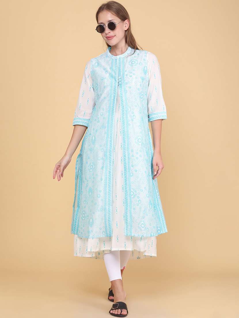 women printed three quarter sleeves kurta with jacket