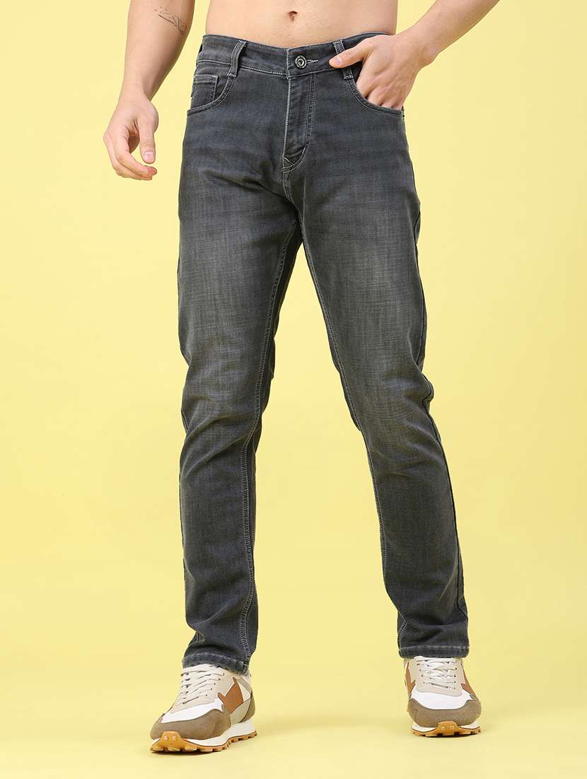 men washed mid rise full length jeans