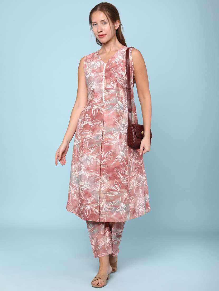 women printed sleeveless ethnic co-ord set