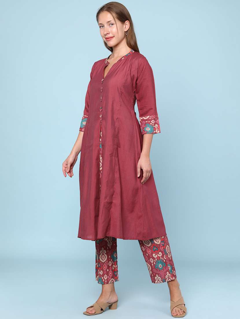 women solid three quarter sleeve kurta pant set - 22266393 -  Standard Image - 3