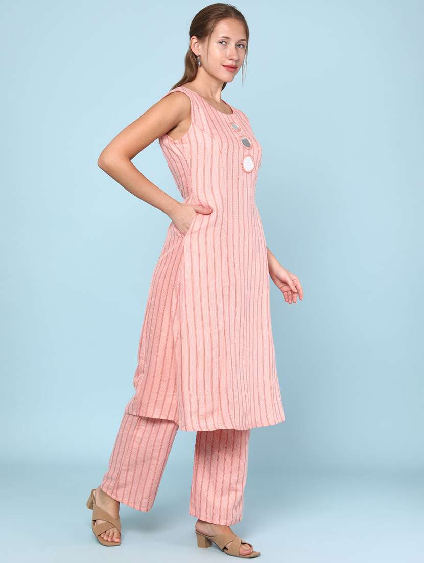 Women Striped Sleeveless Ethnic Co-ord Set - 22266402 -  Standard Image - 3