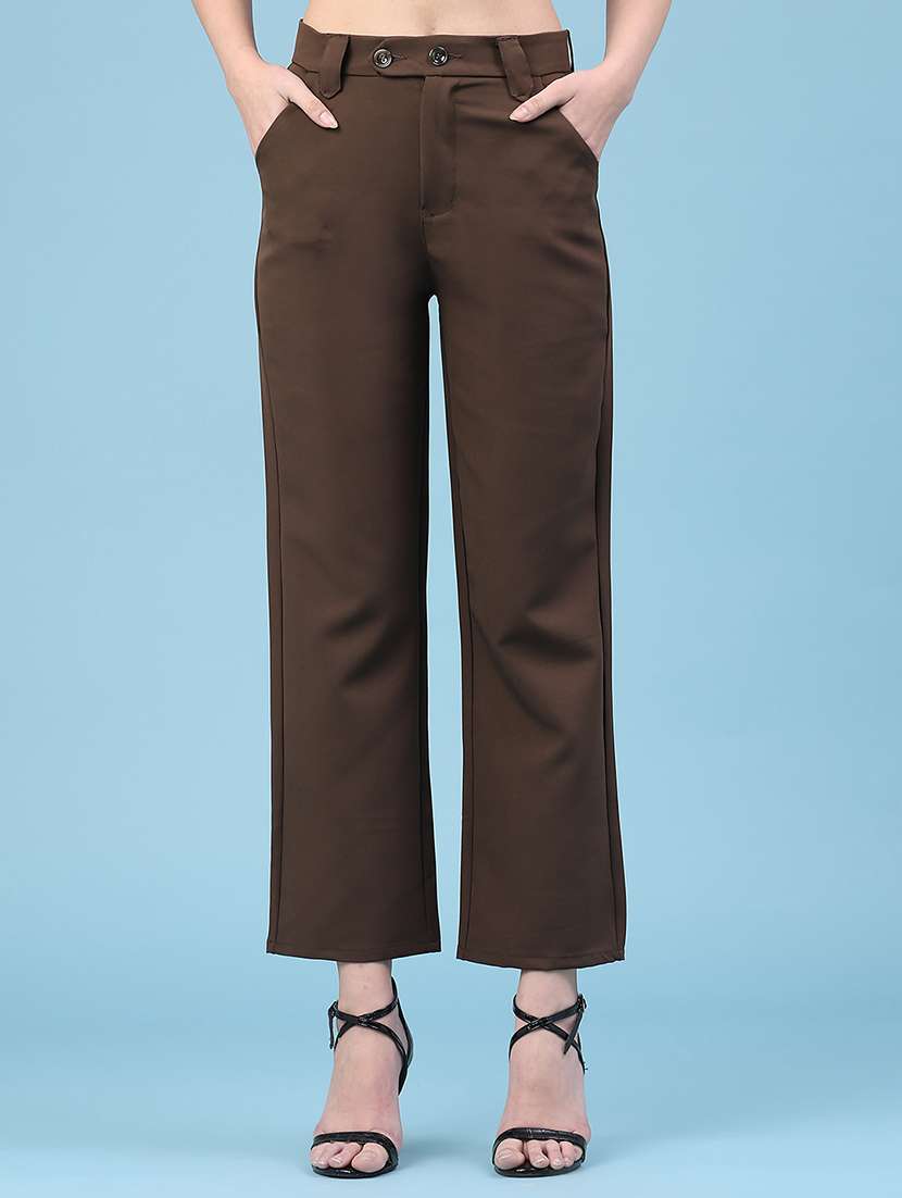 women solid mid rise straight trouser