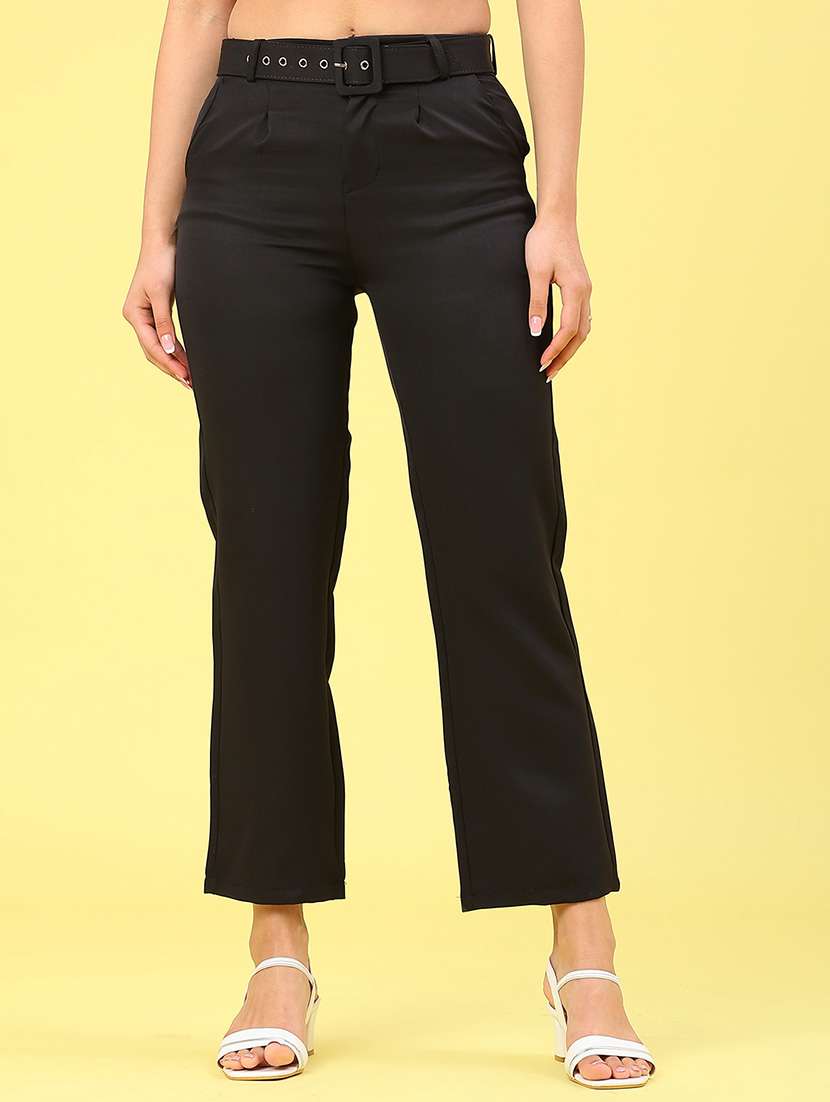 women solid mid rise straight trouser