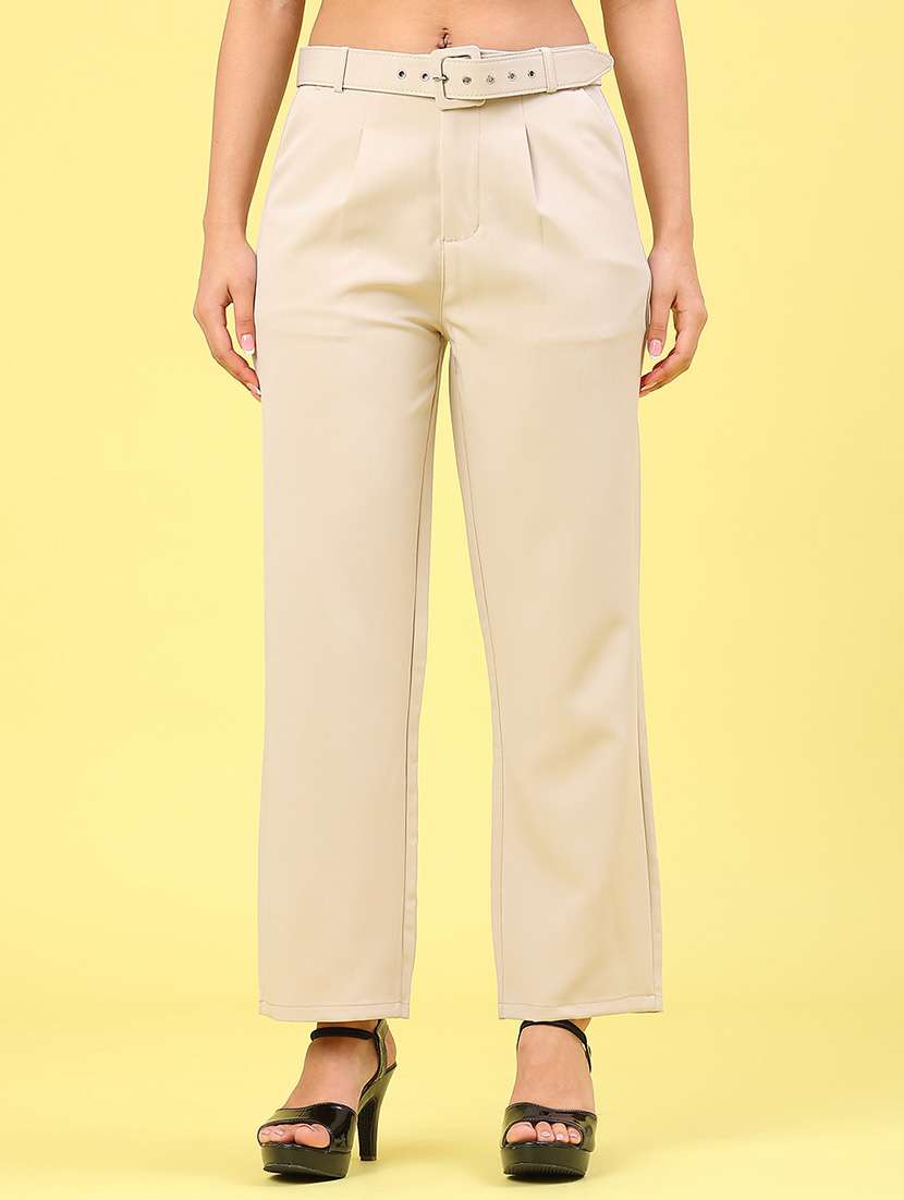 women solid mid rise straight trouser