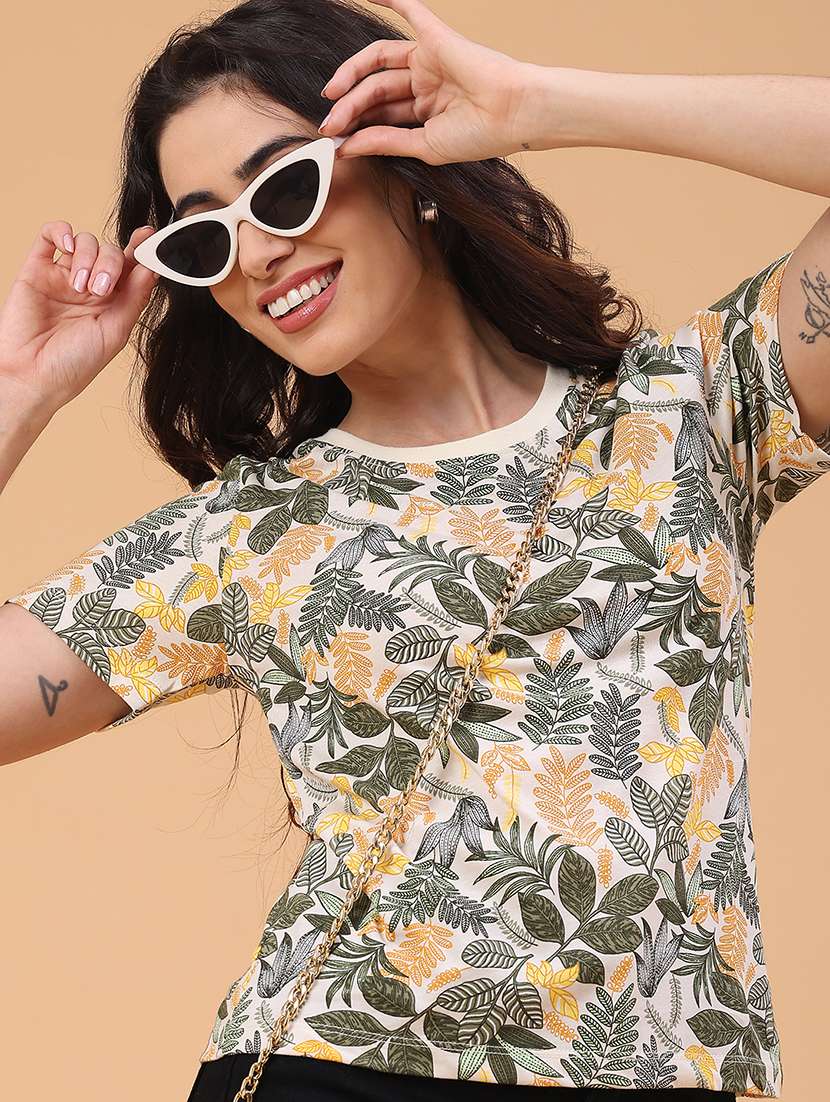 women beige cotton regular t-shirt