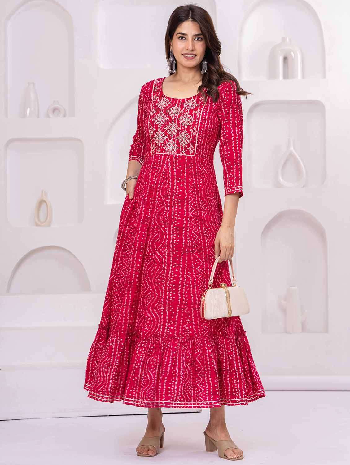 women bandhani three quarter sleeve tiered ethnic dress - 22266714 -  Standard Image - 3