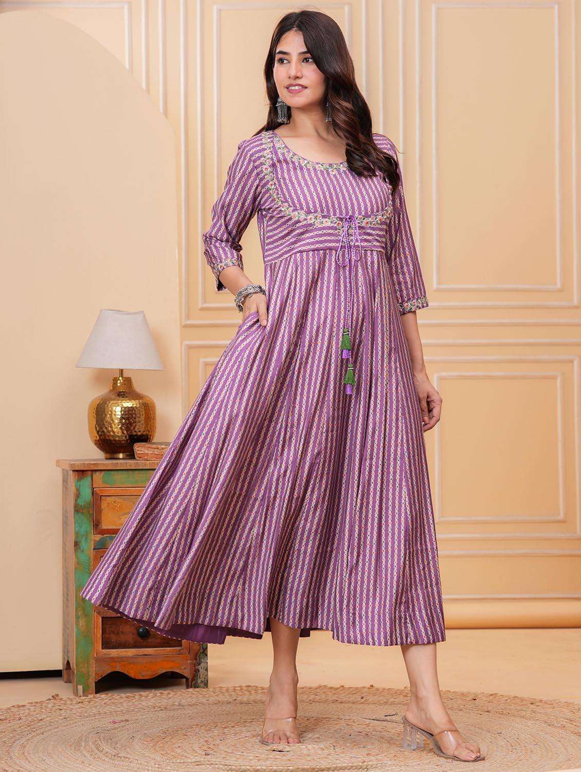 women printed three quarter sleeve anarkali ethnic dress