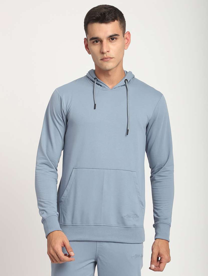 men solid long sleeve hooded sweatshirt