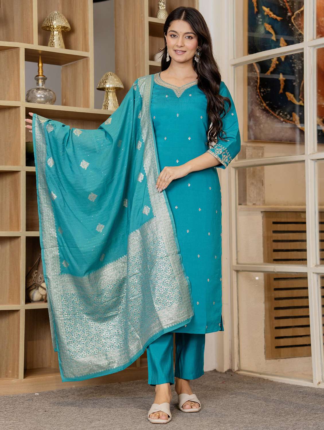 women solid with work three quarter sleeve kurta pant with dupatta set