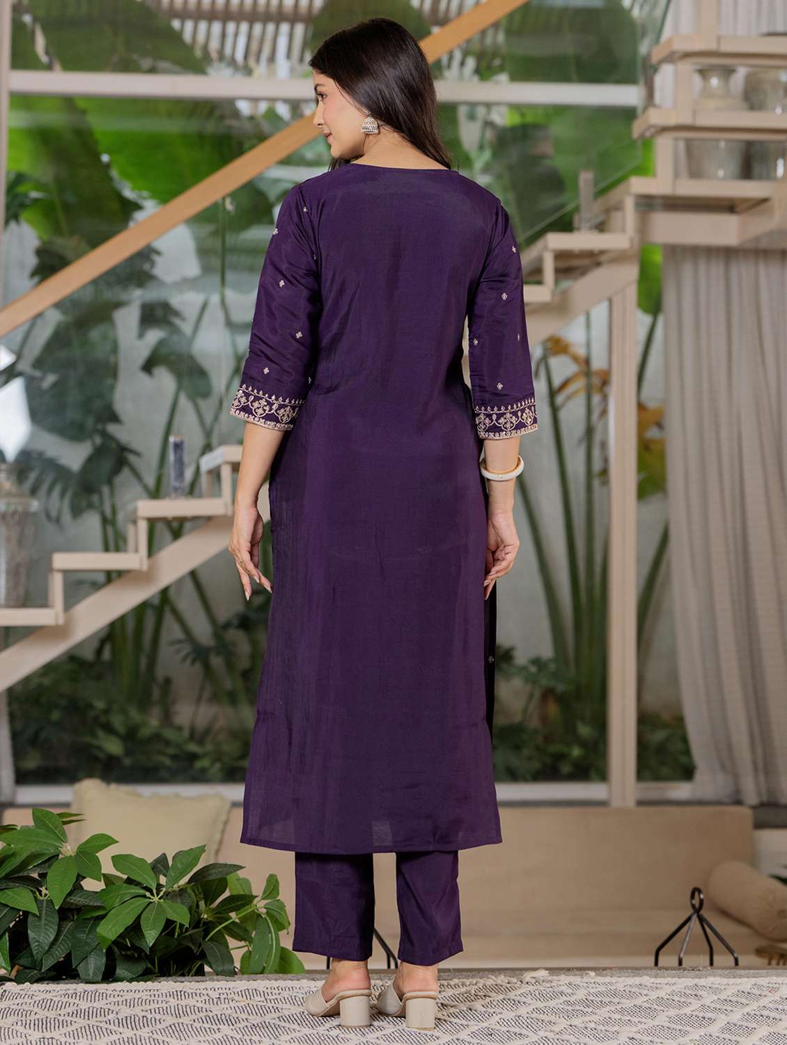 women solid with work three quarter sleeve kurta pant with dupatta set - 22266758 -  Standard Image - 3