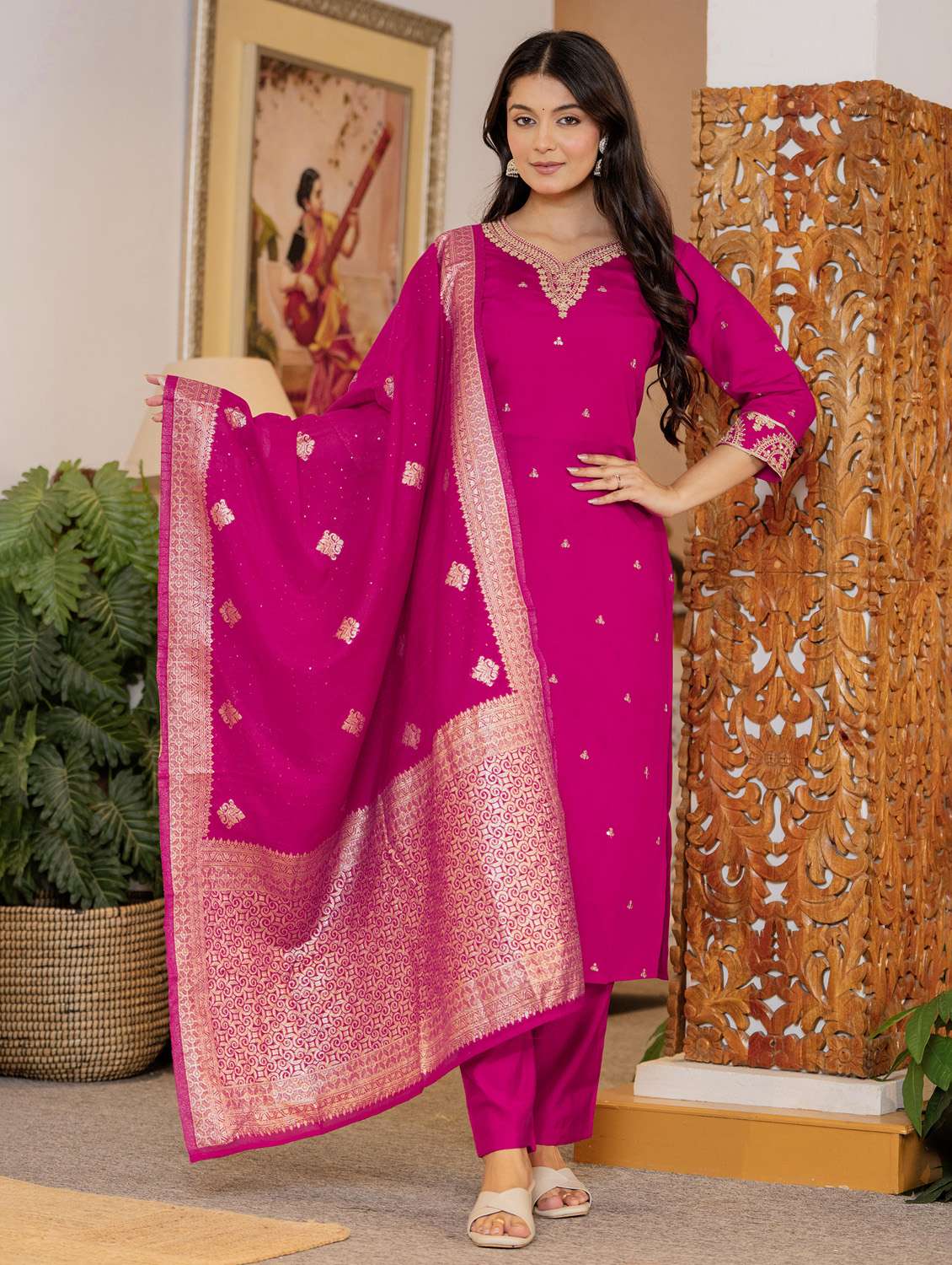 women solid with work three quarter sleeve kurta pant with dupatta set