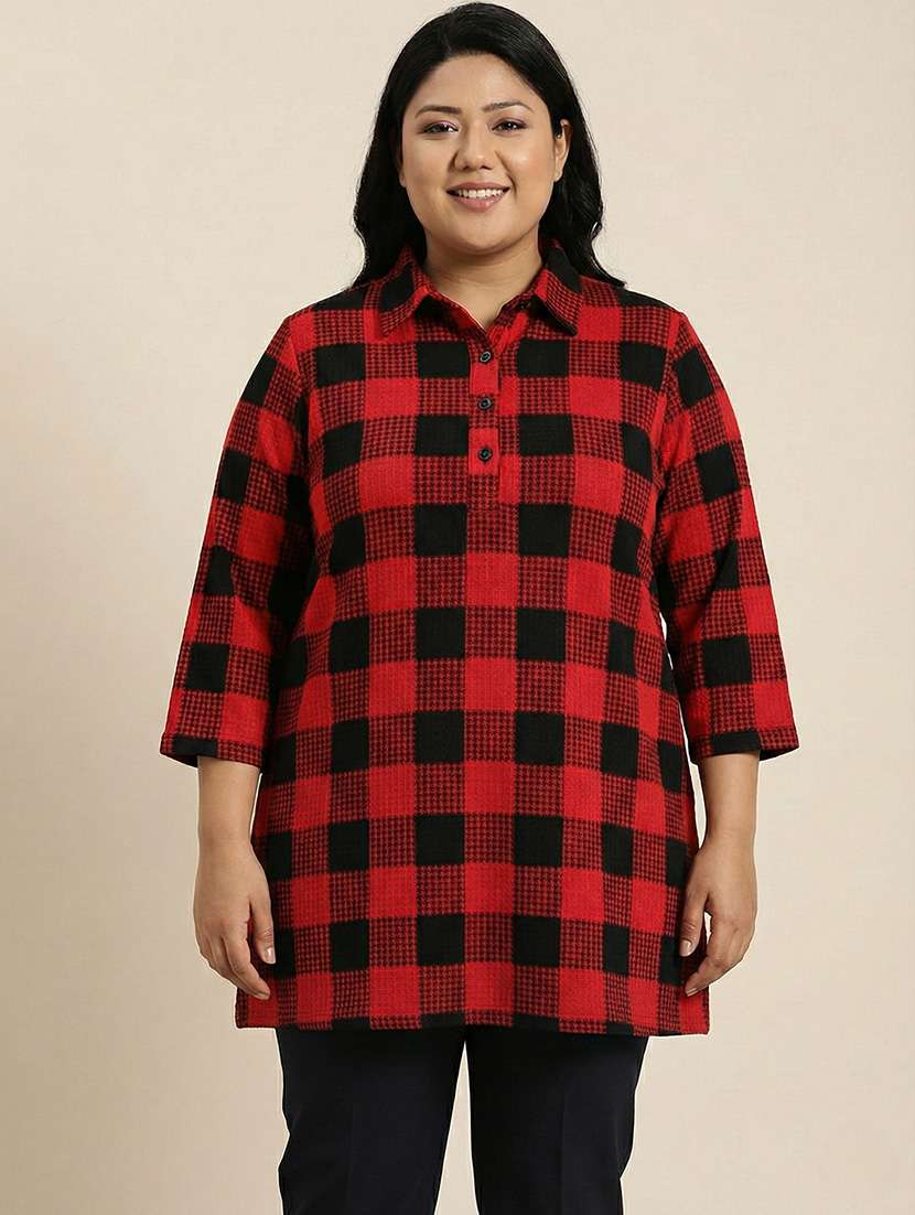 women checkered three quarter sleeve woolen kurti