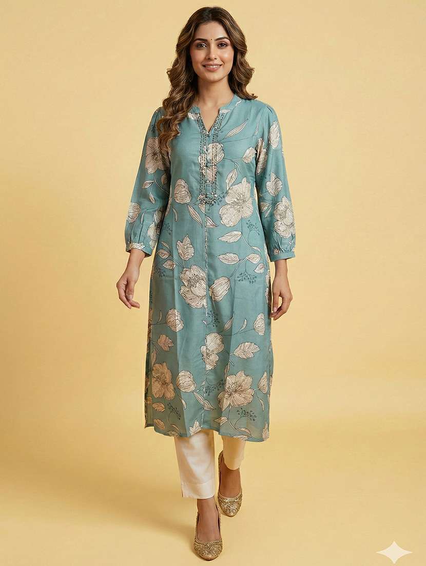 women printed puff sleeve kurta and pant set