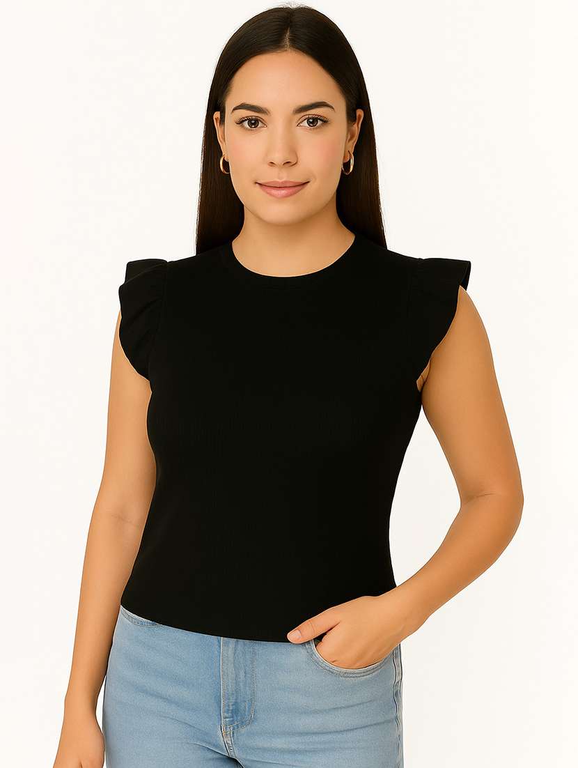 women black solid cap sleeve straight top