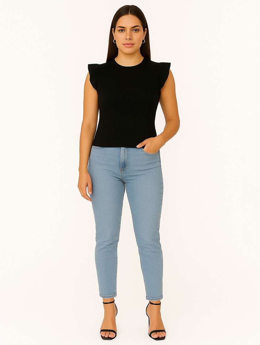 women black solid cap sleeve straight top - 22267714 -  Standard Image - 3