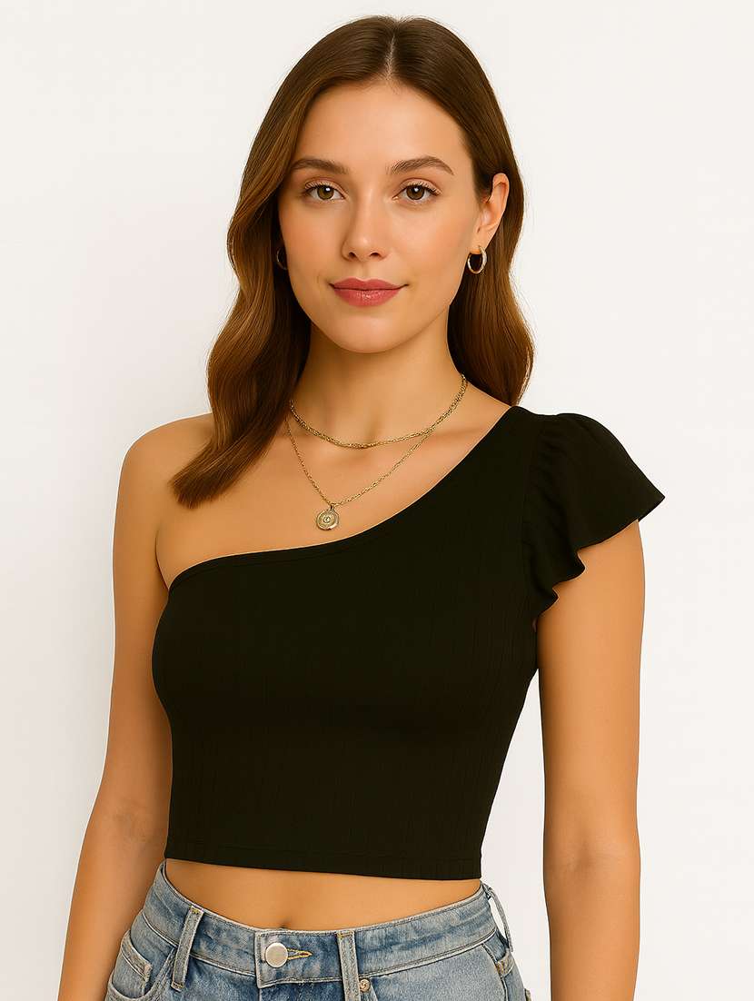 women solid single shoulder crop top