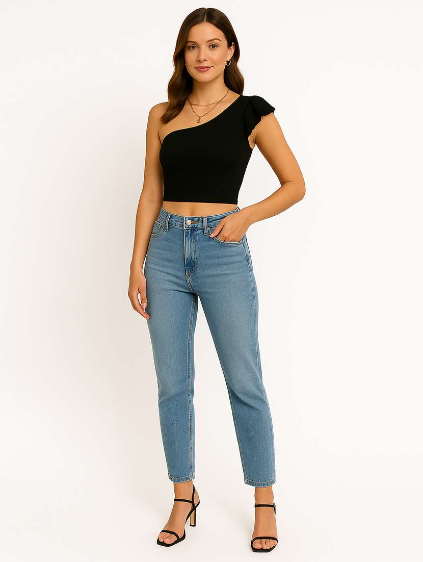 women solid single shoulder crop top - 22267718 -  Standard Image - 3