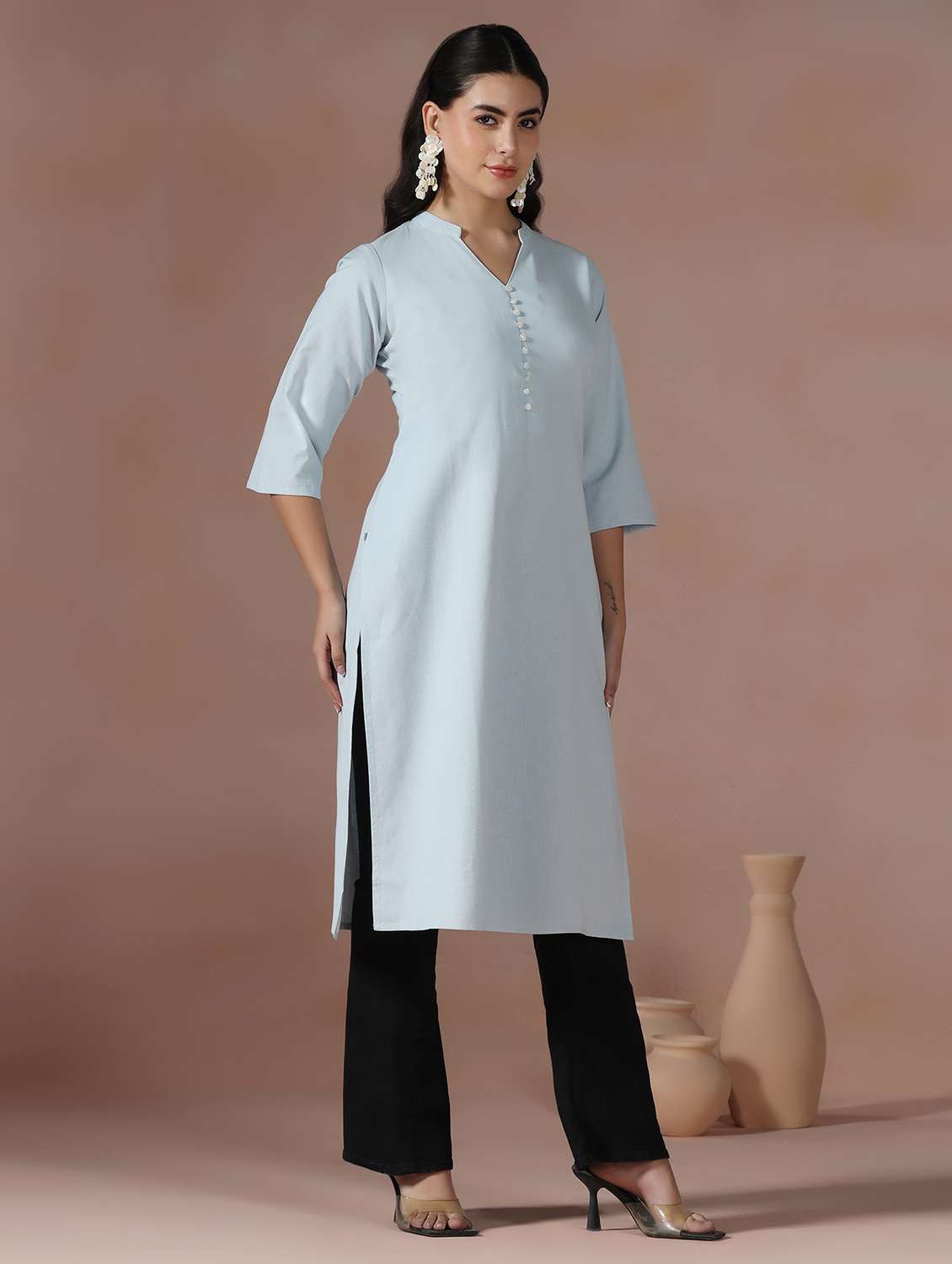women solid three quarter sleeve straight kurta  - 22267748 -  Standard Image - 3