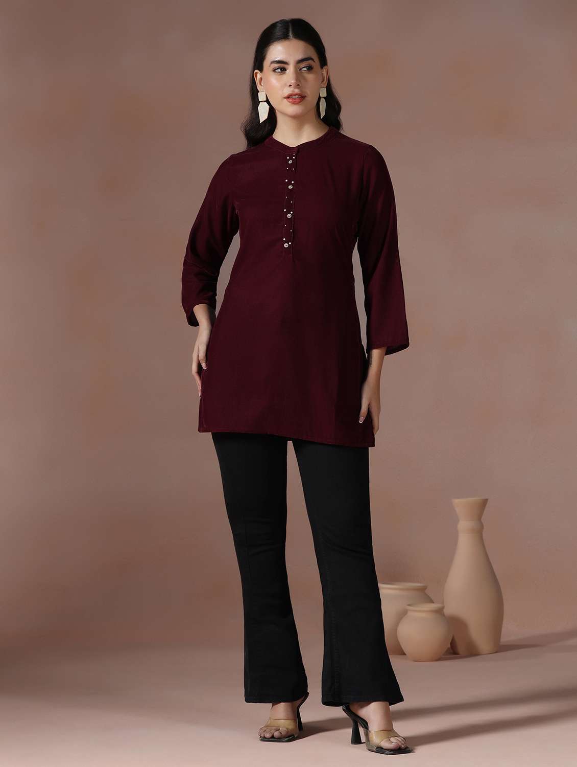 women solid three quarter sleeve straight kurti - 22267765 -  Standard Image - 5