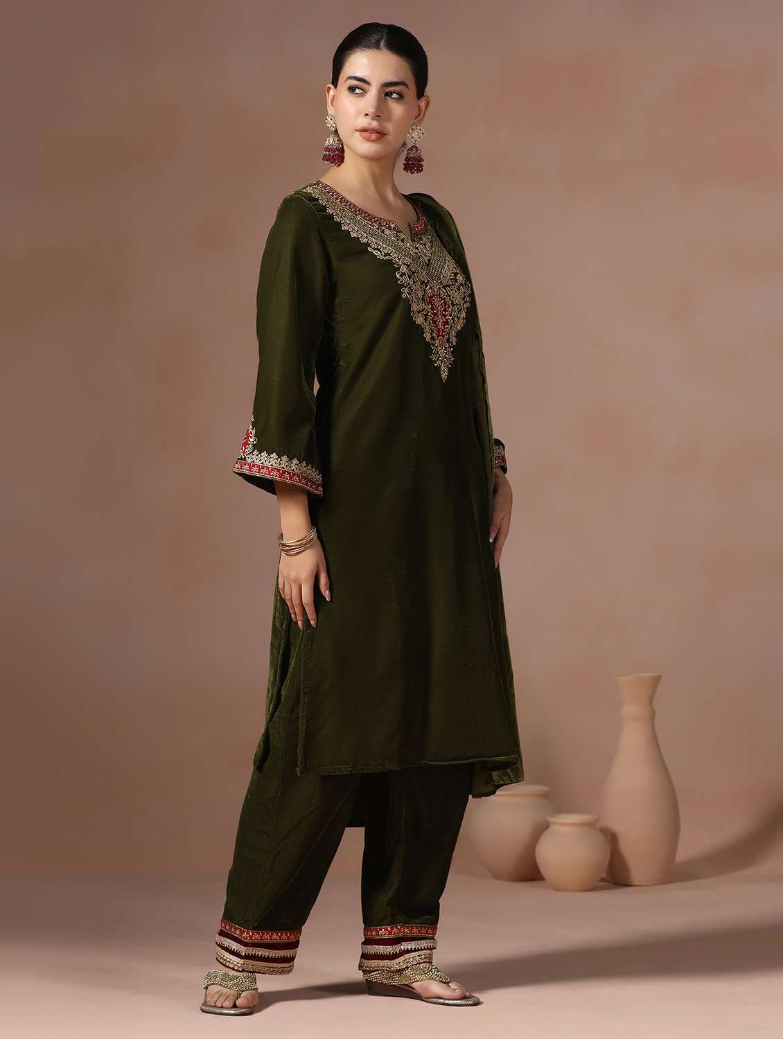 women solid with work long sleeve kurta pant with dupatta set - 22267774 -  Standard Image - 3