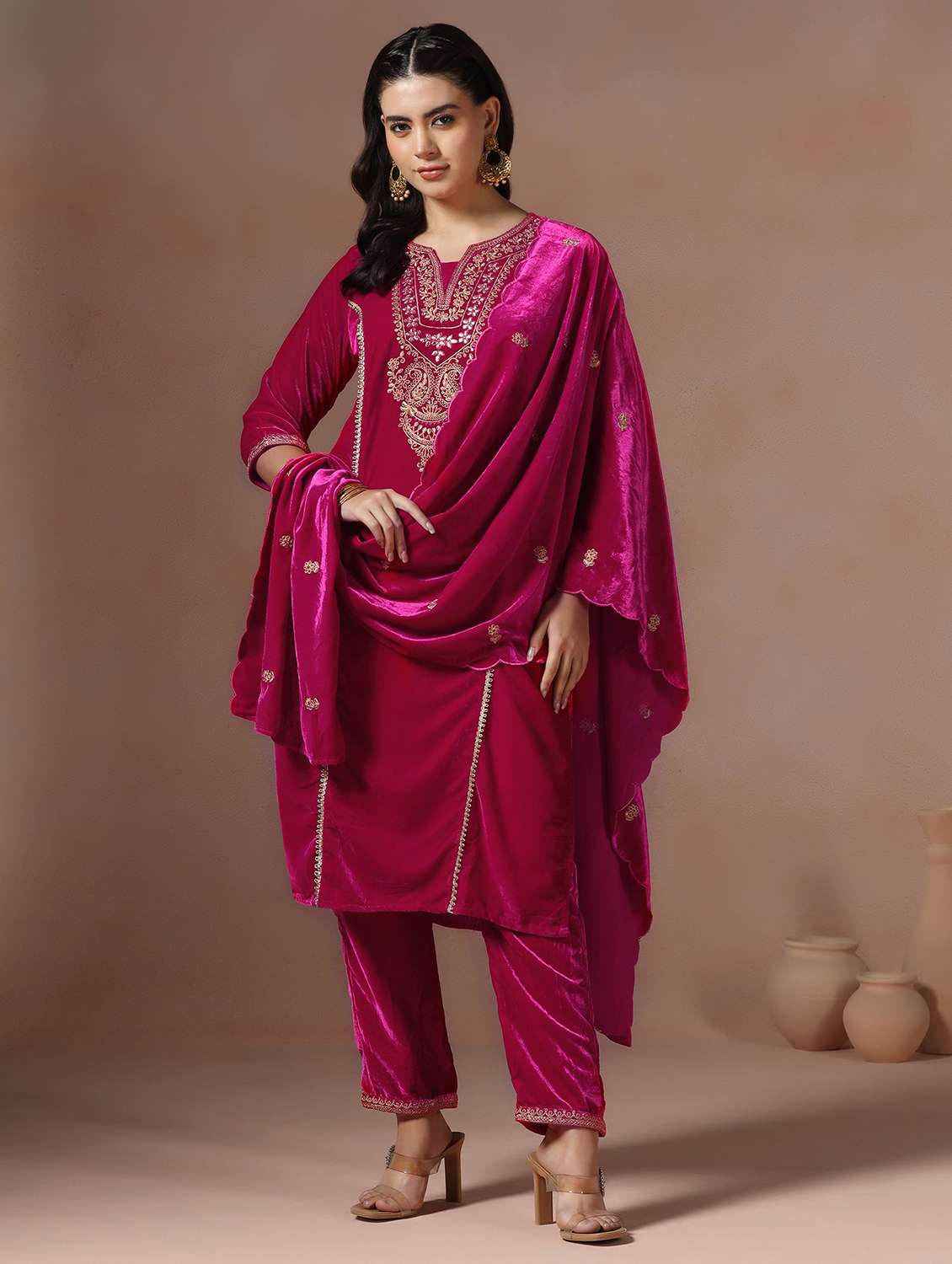 women solid with work three quarter sleeve kurta pant with dupatta set