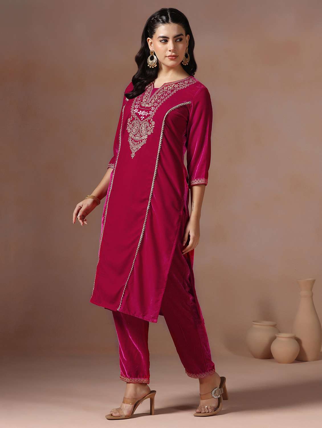 women solid with work three quarter sleeve kurta pant with dupatta set - 22267810 -  Standard Image - 3