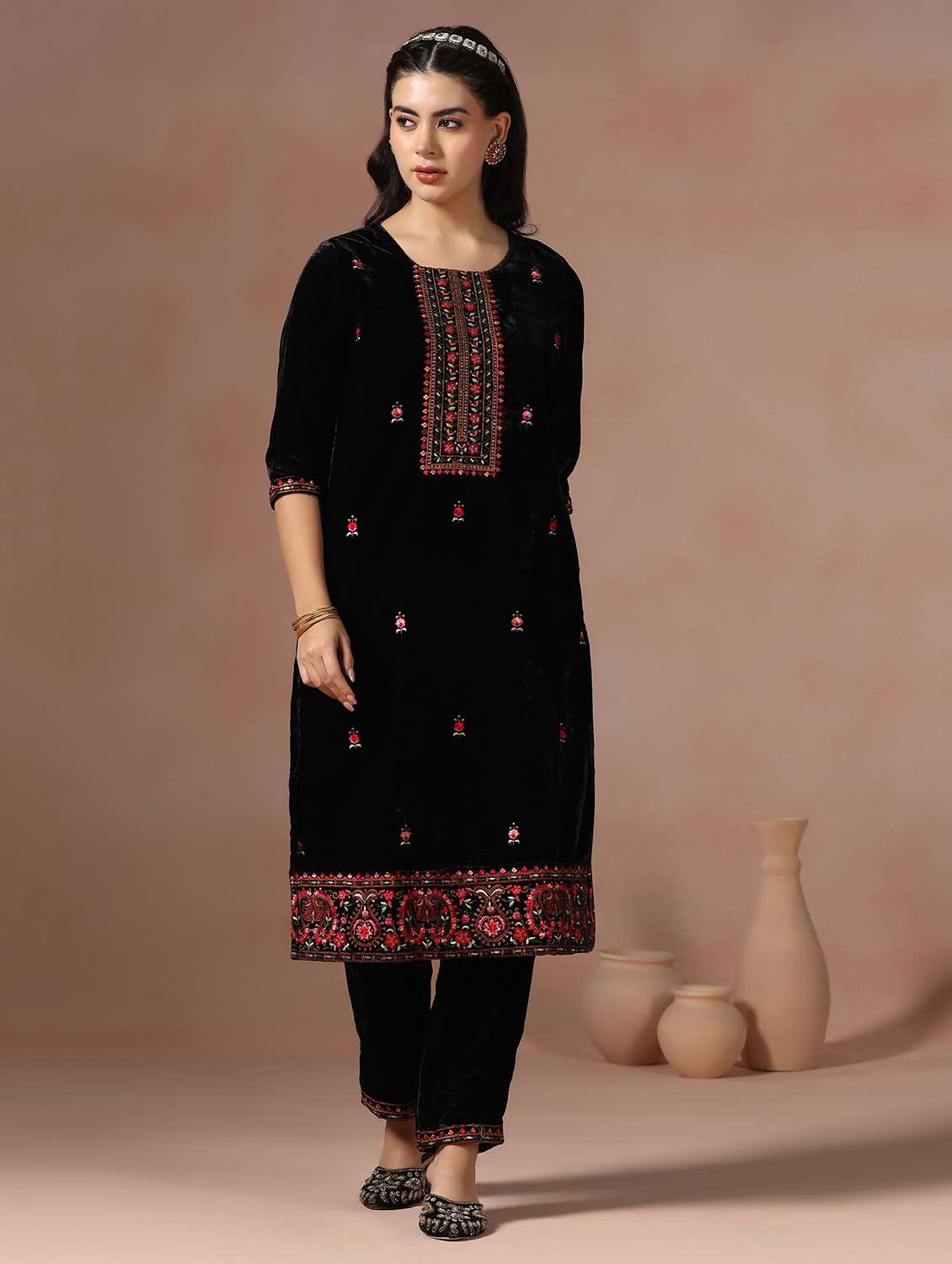 women solid with work three quarter sleeve kurta pant with dupatta set - 22267811 -  Standard Image - 3
