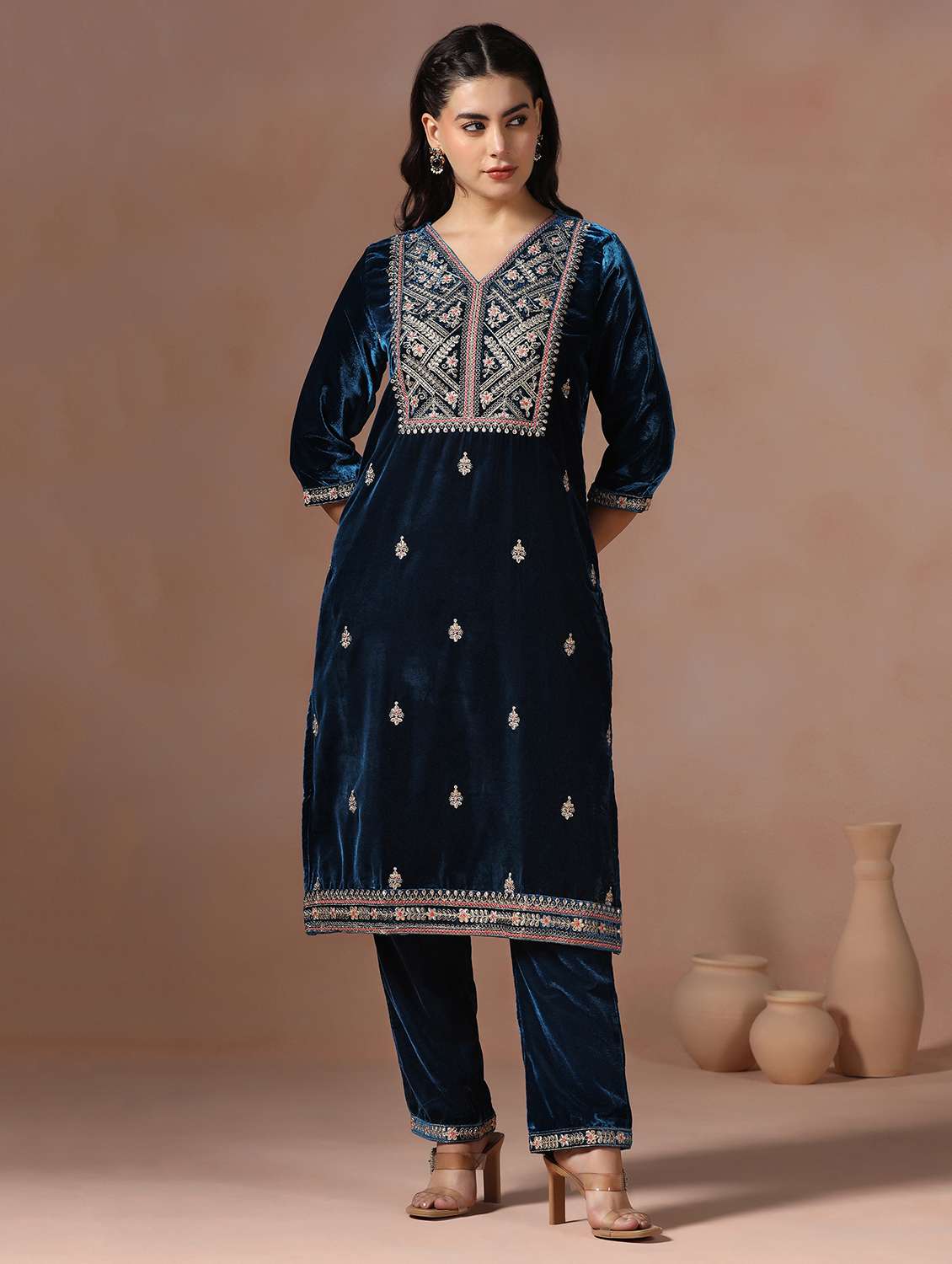 women solid with work three quarter sleeve kurta pant with dupatta set - 22267812 -  Standard Image - 3