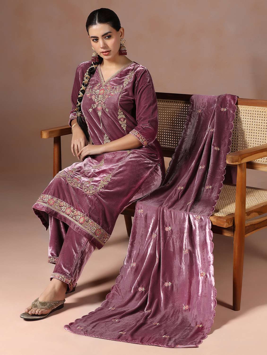 women solid with work three quarter sleeve kurta pant with dupatta set