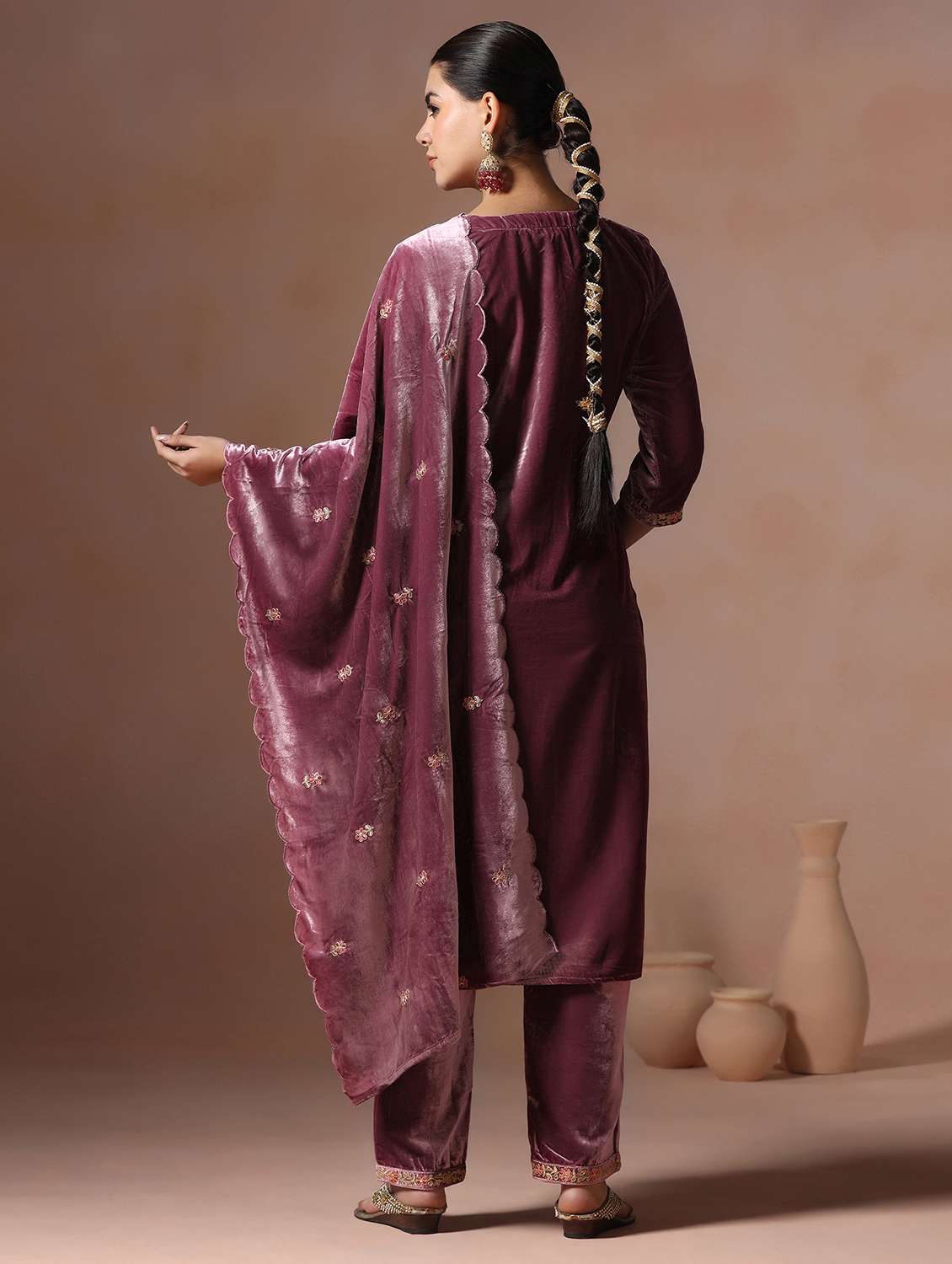 women solid with work three quarter sleeve kurta pant with dupatta set - 22267815 -  Standard Image - 3