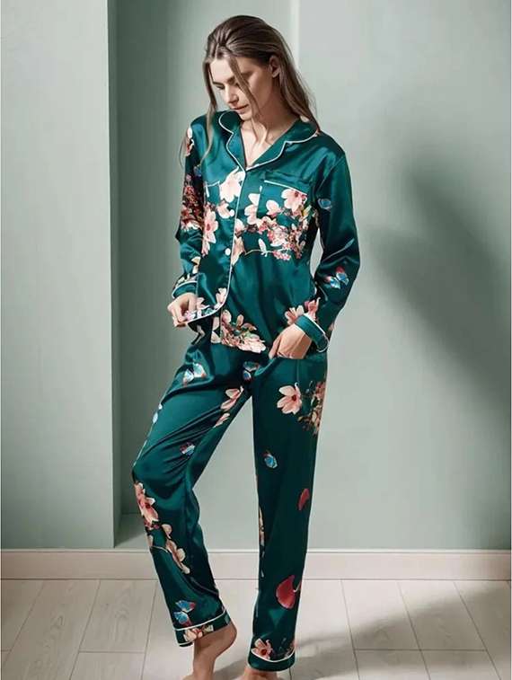 women floral print long sleeve nightwear pyjama set
