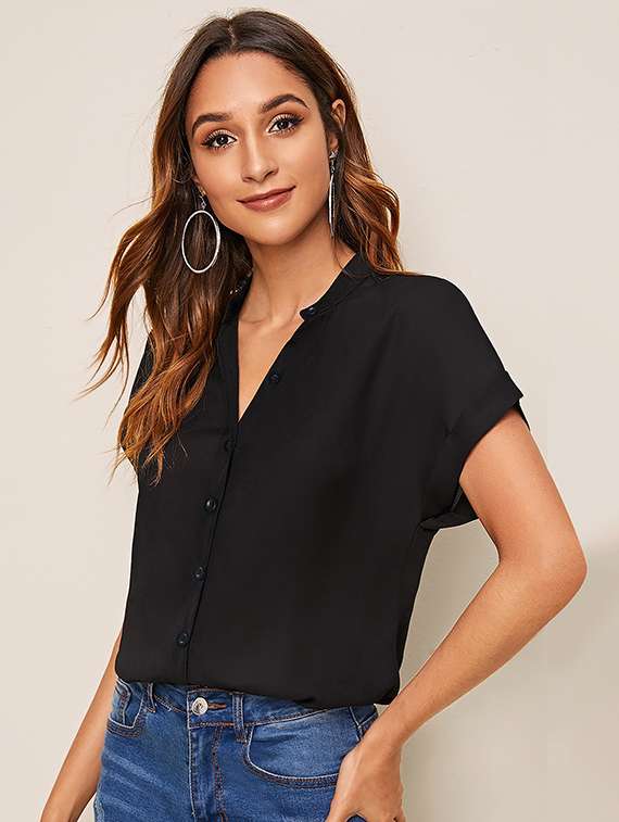 women solid mandarin neck short sleeve top