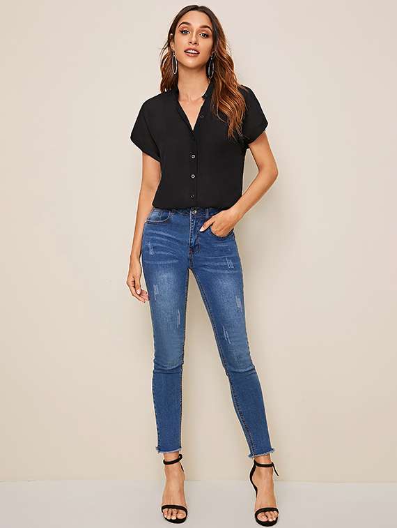 women solid mandarin neck short sleeve top - 22268026 -  Standard Image - 3