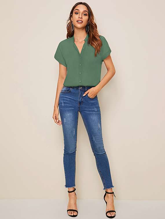 women solid mandarin neck short sleeve top - 22268027 -  Standard Image - 3