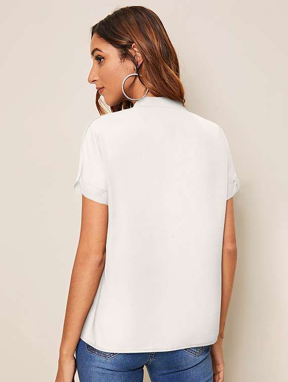 women solid mandarin neck short sleeve top - 22268028 -  Standard Image - 3